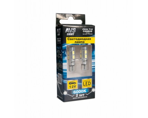 ЛАМПА СВЕТОДИОДНАЯ С ОБМАНКОЙ T10 12V AVS (БЕЛЫЙ, 8SMD, W5W, БЛИСТЕР)                             