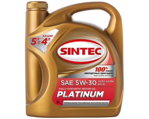 МАСЛО МОТОРНОЕ SINTEC 5W/30 ПЛАТИНУМ 7000 A3/B4 АКЦИЯ 4Л.+1Л (СИНТ.) 600223                       