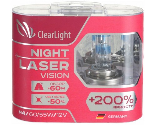 ЛАМПА ГАЛОГЕННАЯ H4 12V 60/55W CLEARLIGHT NIGHT LASER VISION +200% 2ШТ.                           