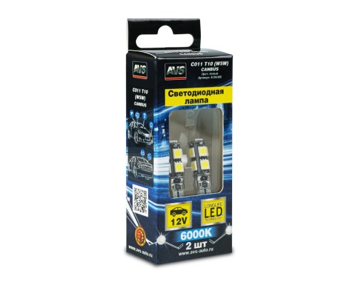 ЛАМПА СВЕТОДИОДНАЯ T10 12V 2,7W AVS CANBUS (5050 9SMD, БЕЛЫЙ, W2,1Х9,5D) (2 ШТ.)                  