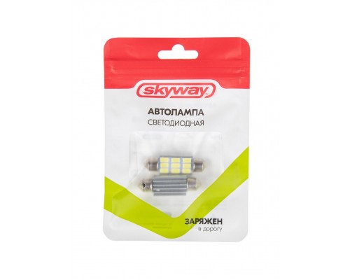 ЛАМПА ПОДСВЕТКИ СВЕТОДИОДНАЯ C5W 12V SKYWAY (T11, 9 SMD ДИОДОВ, С ЦОКОЛЕМ, 1-КОНТ. БЕЛАЯ) (2 ШТ.) 