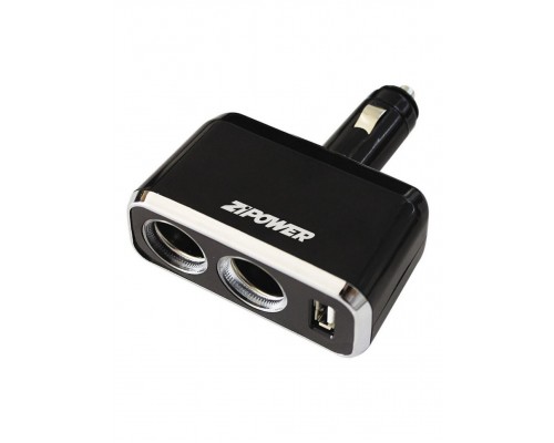 РАЗВЕТВИТЕЛЬ В ПРИКУРИВАТЕЛЬ ZIPOWER (2 ГНЕЗДА+1 USB, 12/24В, 120ВТ, LED ПОДСВЕТКА, ПЛАВ.ПРЕДОХР.,
